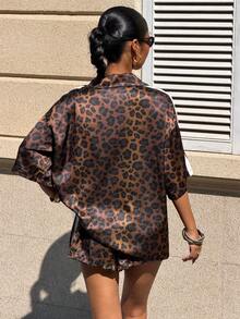 Muchica Women's Casual Fashion Street Leopard Print Satin Contrast Striped Side Drop Shoulder Loose Shirt And Shorts 2-Piece Set, Summer - Brown - View 2