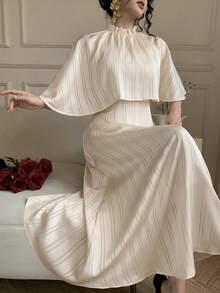 DAZY Women's Elegant Striped Frill Trim Dress, Spring/Summer Wedding Guest Dress Sundress - Beige - View 1