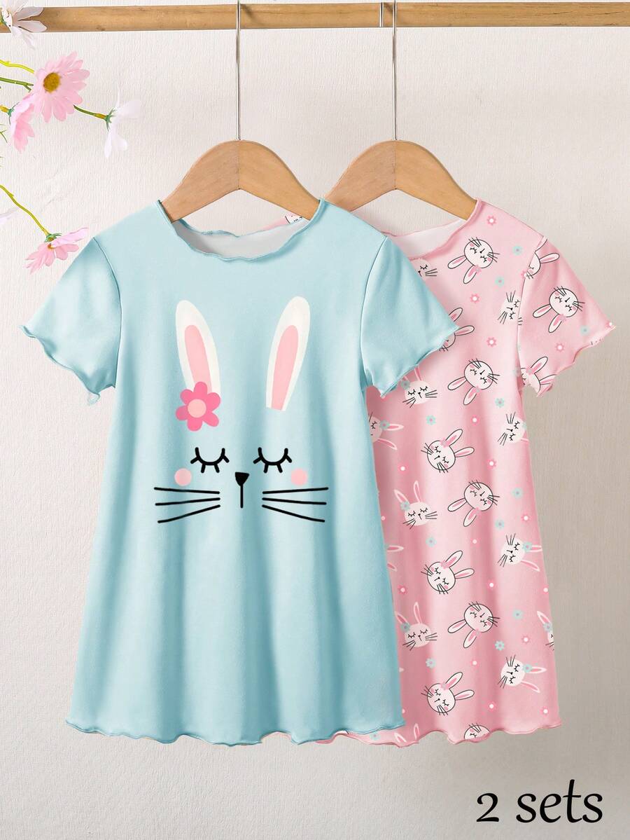 2pcs Young Girls Cartoon Rabbit Print Knit Round Neck Short Sleeve Dress & Pajama Set - Multicolor - View 1