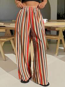 DAZY Loose Striped Women Pajama Bottoms, Vacation Style - Brown - View 6