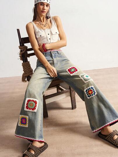 Bohemela 女士休闲时尚街头波西米亚度假风钩针编织宽松阔腿裤