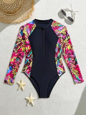 Tween Girls One-Piece Swimsuits For Tween Girls, Large Size, Featuring A Tropical Print And A Knitted Patchwork Design. These Stylish And Fashionable Swimsuits Are Perfect For Summer Vacations, Beach Trips, And Pool Parties. They Are Suitable For Swimming And Offer A Delicate And Elegant Look