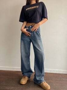 宽松长款复古水洗蓝色阔腿牛仔裤，Y2K风格女款 - 藍色 - 查看 3