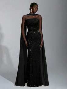 Elitara 优雅奢华的3D串珠无肩带修身及地长款可拆卸挂脖连衣裙，适合约会、度假、单身派对、生日、毕业典礼、婚礼、正式晚宴等场合。 - 黑色 - 查看 1