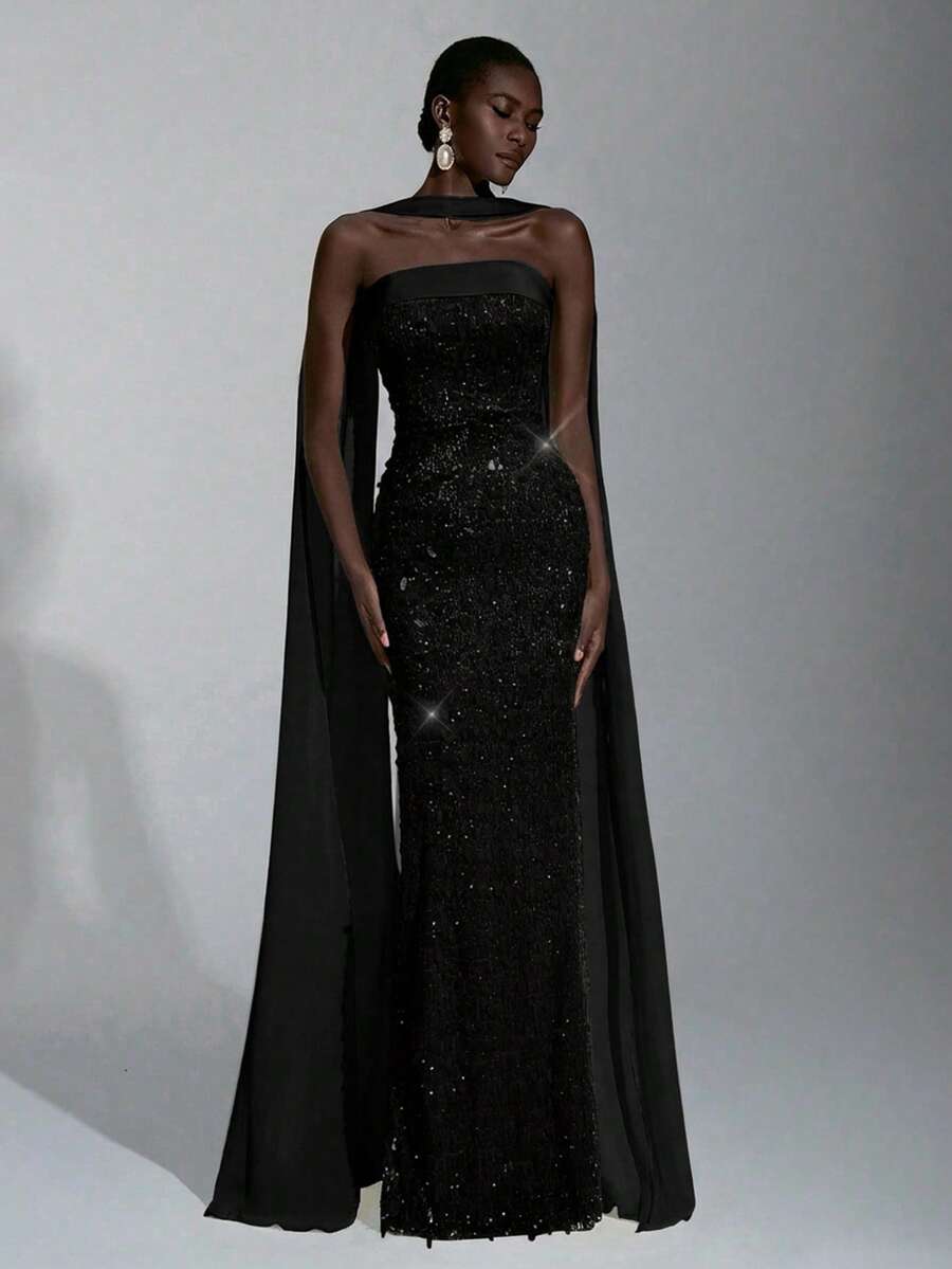 Elitara 优雅奢华的3D串珠无肩带修身及地长款可拆卸挂脖连衣裙，适合约会、度假、单身派对、生日、毕业典礼、婚礼、正式晚宴等场合。 - 黑色 - 查看 1