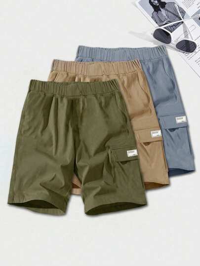 3pcs/Set Kids Boys' Casual Solid Color Loose Fit Elastic Waist Shorts, Versatile For Daily Wear, Commuting, School, Leisure, Sports, Suitable For Spring, Summer, Fall & Winter