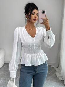 Selianne Áo kiểu nữ thanh lịch màu trắng, cổ chữ V khoét eo, tay phồng, dáng xòe, thích hợp cho mùa xuân/hè. - trắng - Xem 1