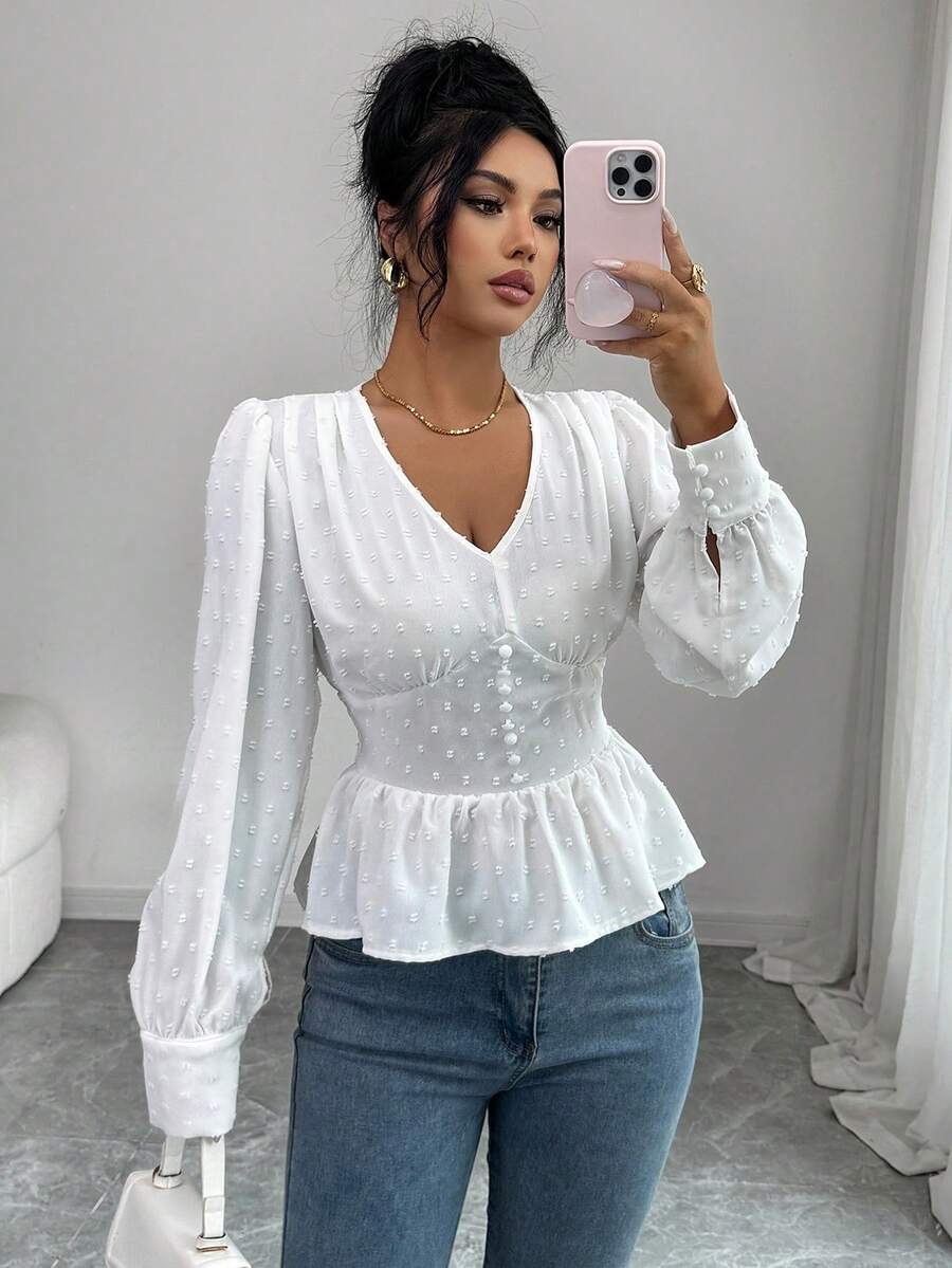 Selianne Áo kiểu nữ thanh lịch màu trắng, cổ chữ V khoét eo, tay phồng, dáng xòe, thích hợp cho mùa xuân/hè. - trắng - Xem 1