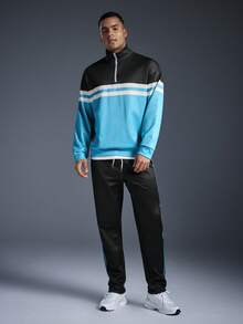 Driftmere Men's Fashion Colorblock Striped Patchwork Half-Zip Sweatshirt And Pants Set, Fall Clothes - Multicolor - View 3