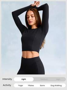 GLOWMODE FeatherFit™ Soft Stretchy Ribbed Seam-Dividing Design Long-Sleeve Tee Top Low Impact Yoga Pilates Studio Daily Casual Wear Removable Cups  Spring Summer - Black - View 9