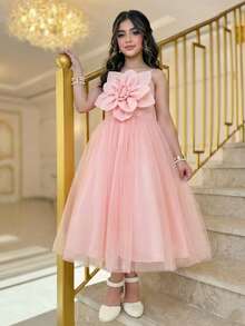 SHEIN Tween Girl Solid Color Mesh Camisole Dress - Pink - View 2