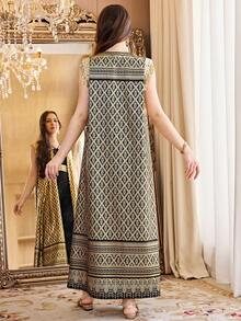 Teen Girl Gold Foil Print Sleeveless Cardigan & Spaghetti Strap Jumpsuit Elegant 2 Pieces Set - Black - View 2