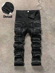 SHEIN Young BoyDesign Patch Brown Denim Skinny Jeans - Black - View 4