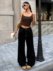 Muchica Denim Casuais Femininos de Perna Larga e Solta com Estampa de Letra - Preto - Visão 3