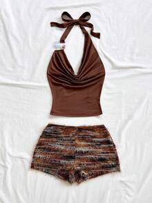 Soleia Spring/Summer New Casual Vacation Western Beach Wedding Guest Attire Graduation Brunch Women's Outfit, St. Patrick's Day Spring Break Easter Music Festival Elegant Bohemian Tropical Halter Tie Metallic Beaded 2 Pieces Set, Brown,Summer Holiday Outfits ,Summer Outfits For Women,Beach Outfit - Multicolor - View 3