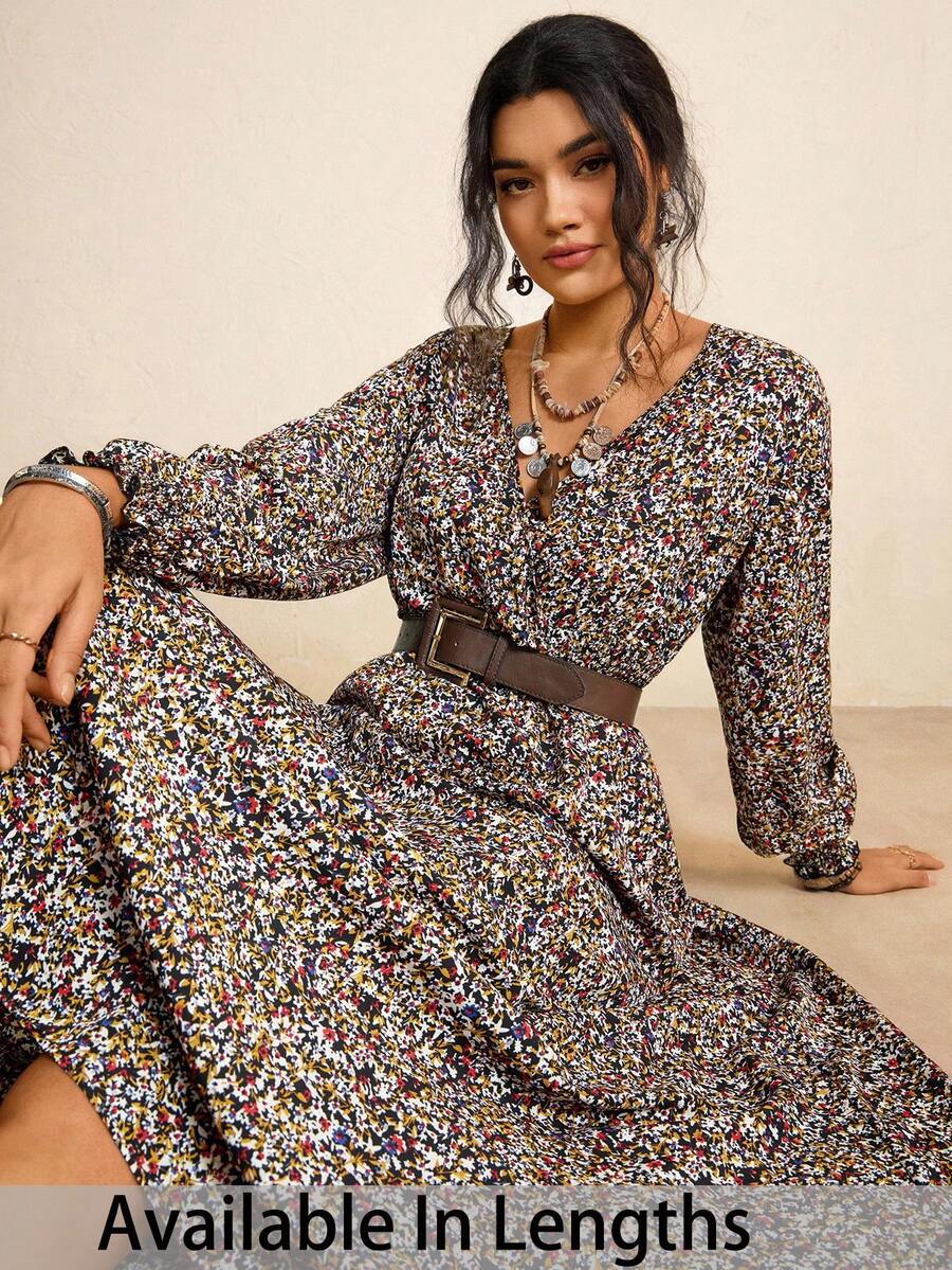 SHEIN PETITE CURVE Damen Große Größen Lässig Kleid mit Allover-Muster V-Ausschnitt - Verschiedenfarbig - Übersicht 1