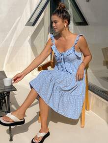 DAZY Vacation Style Sweet Striped Floral Ruffle Trim Camisole Women Nightgown - Blue - View 5
