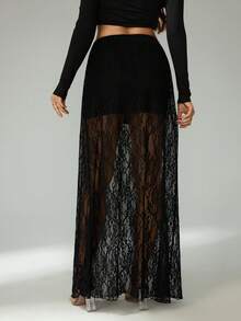 SHEIN Tall Women Sexy Black Wildflower Lace Patchwork Lightweight And Breathable Long Summer Skirt