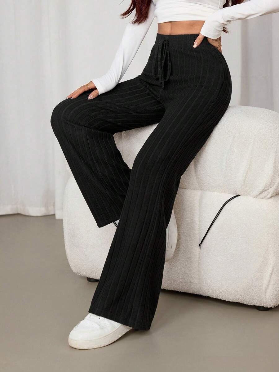 SHEIN PETITE Enfärgade, ribbade, stickade, baggy, narvtygbyxor med knytning framtill - Svart - Visa 1