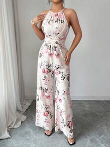 SHEIN Elenzya 女士流行玫瑰印花露背扭结褶皱连体裤，优雅时尚休闲连体裤，适合日常和户外穿着，夏季 - 彩色 - 查看 7
