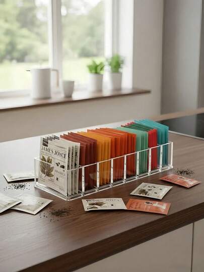 1 pieza Caja organizadora de té de acrílico transparente con divisores, almacenamiento de escritorio de uso múltiple para café, bolsitas de té, oficina y encimera de cocina, armario de despensa, organización de cosméticos, útiles escolares reutilizables