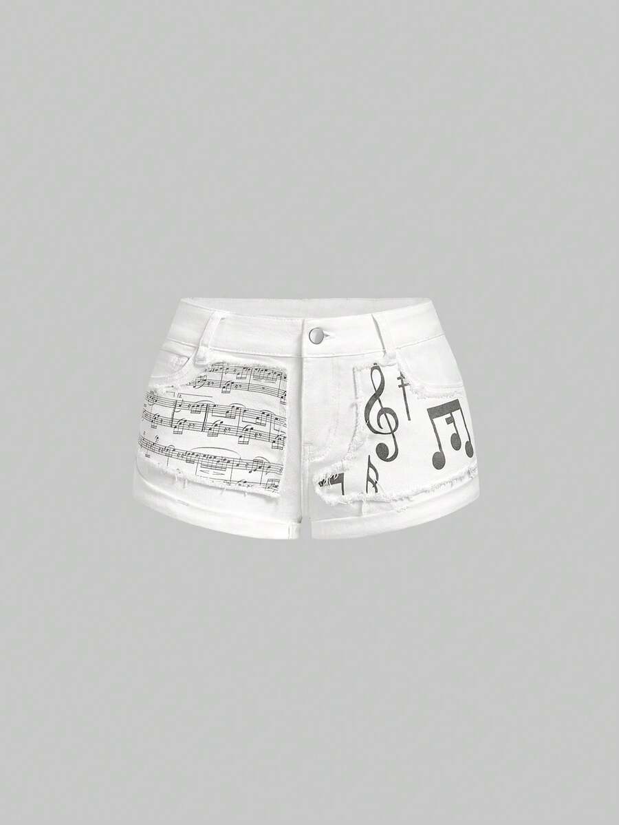 ROMWE Grunge Punk Y2K Music Note Foil Distressed Low Rise Mini Denim Shorts - White - View 1