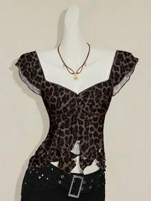 SHEIN ICON Women's Retro Leopard Print Knit Double-Layer Ruffle Hem Sweetheart Neck Cap Sleeve Elegant T-Shirt, Suitable For Casual Street Wear, Chic, Y2K Spring - Multicolor - View 7
