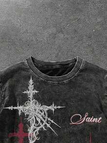 ROMWE MEN Goth 男士休闲复古撞色标语十字印花二合一T恤 - 黑色 - 查看 5