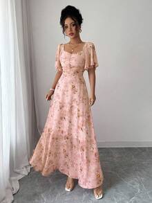 Modelyn 女士雪纺蝴蝶印花蝙蝠袖百褶甜美法式夏装 - 橘色 - 查看 6