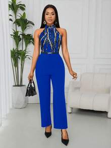 Lyxana Women's Elegant Printed Halter Jumpsuit - Blue - View 4
