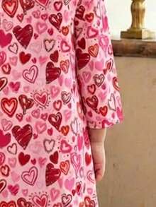 Pink And Red Muslim Girl Skirt,Autumn Boho Wedding Tween Girls Cute Stars & Moon Red Rose Contrast Print Dress - Multicolor - View 5