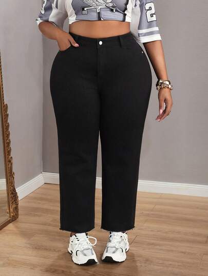 Plus Size Women High Waist Pockets Thermal Lined Casual Tapered Versatile Jeans