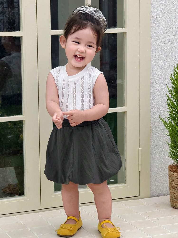 Baby Girls' Textured Sleeveless T-Shirt And Solid Color Skirt 2-Piece Set Summer