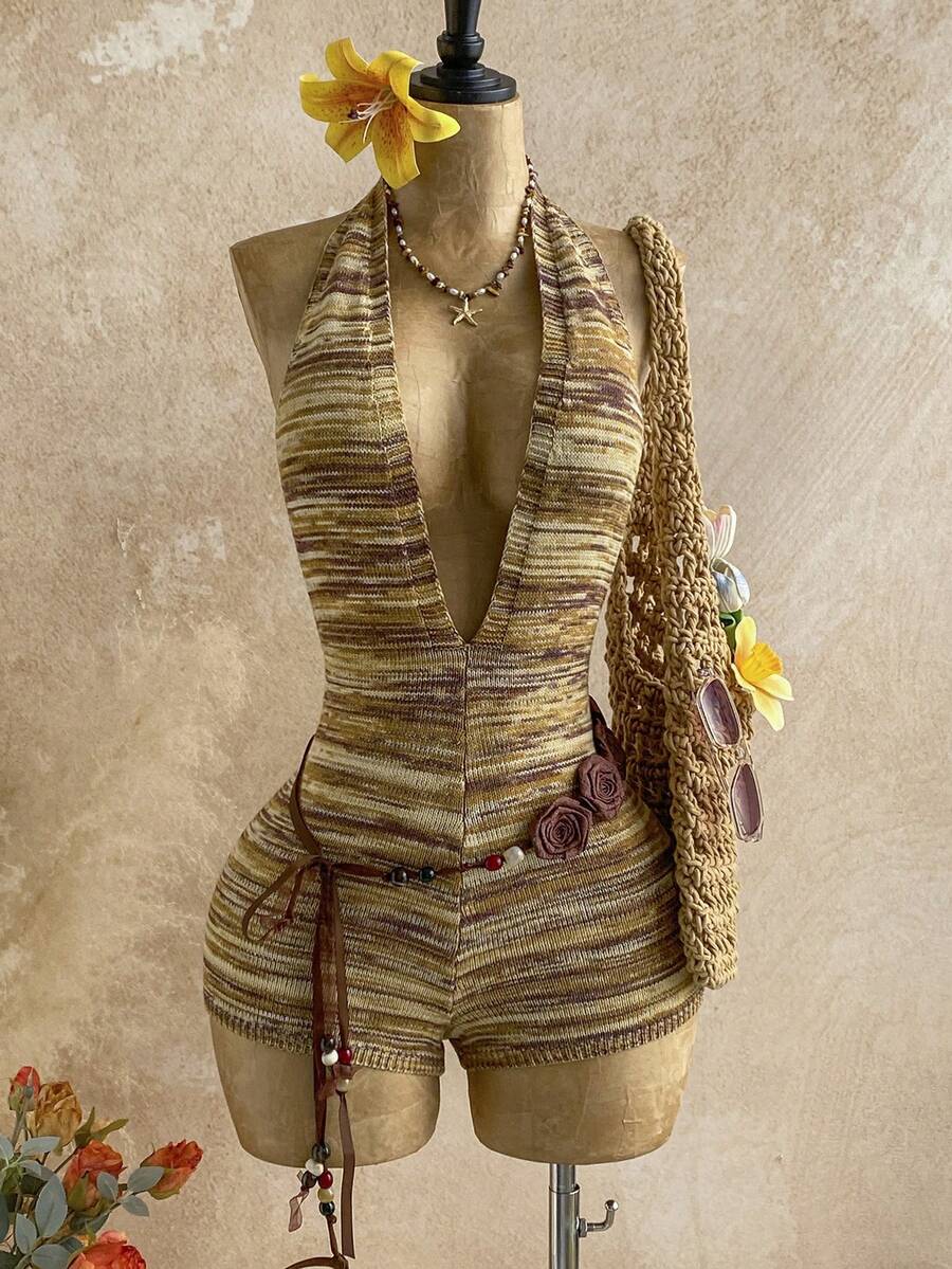 Soleia 女士性感露背深V领太空染色图案连体裤，不含腰带，夏季款 - 彩色 - 查看 1