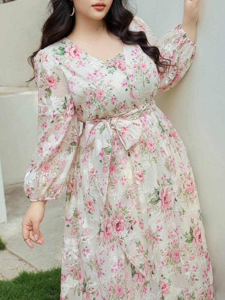 Dazy Plus Plus Size Floral Lace V-Neck Tie-Waist Elegant Lantern Sleeve Dress, Vacation Style Maxi Dress Sundress Boho