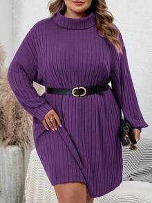 SHEIN CURVE+ Plus Size Casual Minimalist Turtleneck Ribbed Brushed Red Sweater Dress, Suitable For Casual Wear And Christmas Plus Size Knit Dress - Purple - View 9