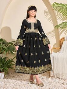 Tween Girl Floral Print Elegant Long Sleeve Dress With Square Neckline, Abaya Dress For Tween Girl, Modest Black And Gold Autumn Evening Party Islamic Gown - Black and Gold - View 5