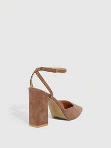 CUCCOO SZL 女鞋粗跟踝带简约百搭派对宴会日常尖头高跟鞋 - 駝色 - 查看 12