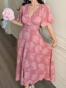 DAZY Đầm maxi nữ thanh lịch cổ chữ V tay bồng họa tiết hoa, dây rút, thích hợp làm đầm dự tiệc cưới mùa hè, đầm maxi chống nắng. - Hồng - Xem 3