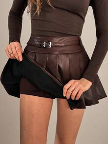 SHEIN Tall Women's Autumn And Winter Chocolate Brown Solid Buckle Design Pleated PU Leather Skirt,Leather Pleated Skirt, Skater Skirt,Fall Outfits Women,Winter Clothes For Women,Halloween Clothes , Business Casual Woman,Old Money Style Women Dark Brown Mini Skirt Brown Pleated Skirt Brown Two Piece Set Women Brown Leather Skirt Brown Long Sleeve Top Brown Boots Dark Brown Two Piece Set Chocolate Brown Mini Skirt