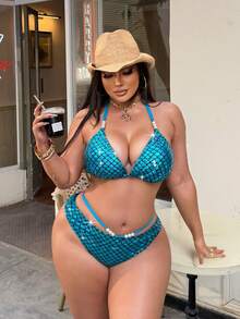 Swim SXY Plus Size Women Fish Scale Wave Faux Pearl Starry Sky Beach Resort Bikini Set - Blue - View 6