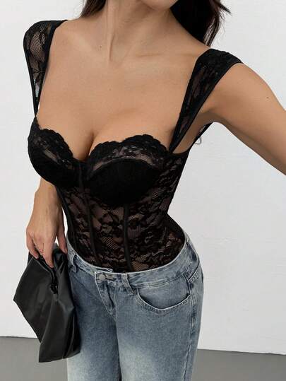 SHEIN Tall Áo liền thân hai dây màu đen dành cho nữ, có chi tiết ren, kiểu dáng gợi cảm không tay, họa tiết cây cỏ.