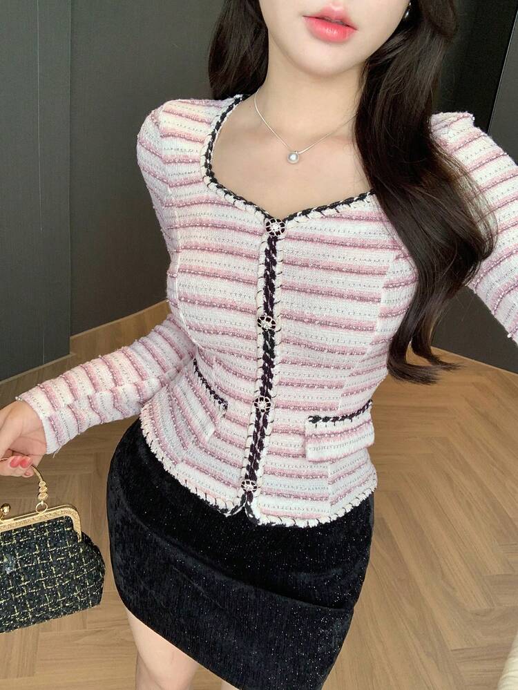 Spring Pink Textured Striped Color Block Elegant Casual Slim Fit Office Lady Shirt