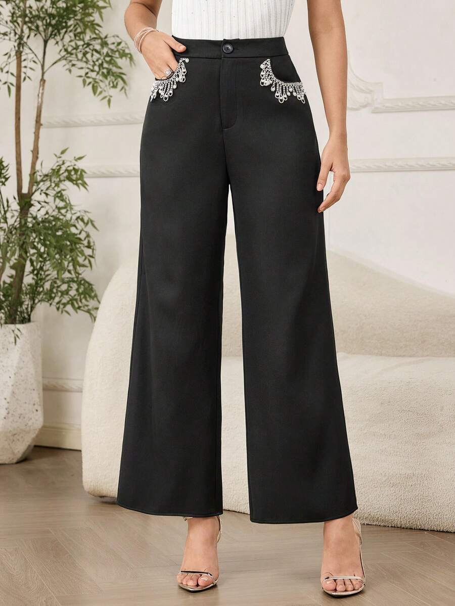 Modelyn Pantalones negros de mujer con adornos de cuentas y strass de moda - Negro - Ver 1