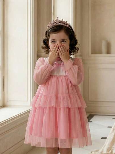 Sparklyn 女婴可爱波点提花网纱荷叶边蝴蝶结装饰公主泡泡长袖连衣裙，舒适柔软，适合春夏外出和居家穿着，可作为礼物