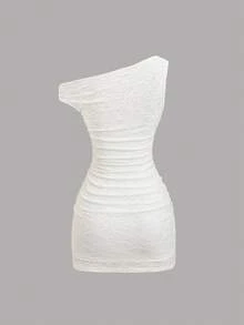 Sweetra Y2K Sexy Asymmetric Shoulder Textured Fabric Pleated Vacation Dress - White - View 2