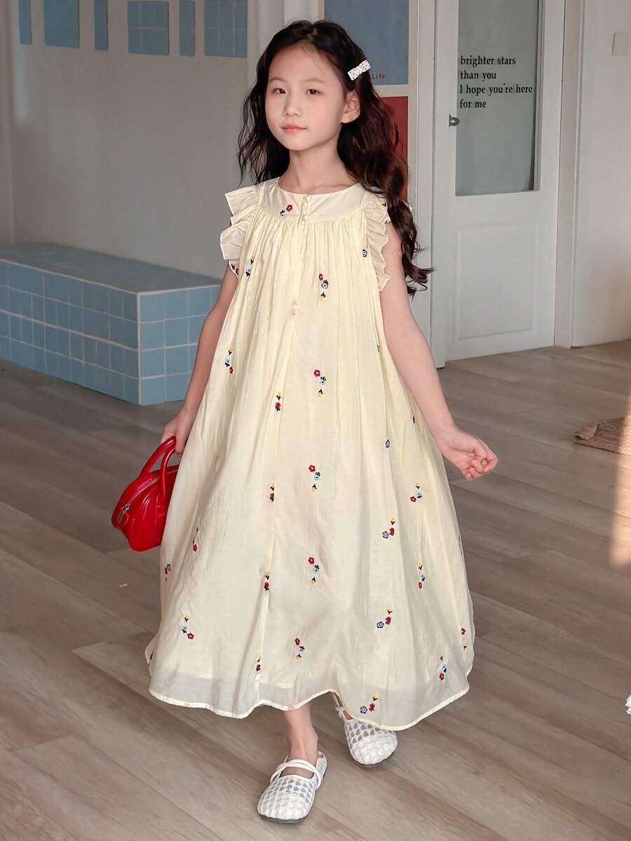 DAZY Tween Girl Floral Embroidery Round Neck Cap Sleeve Casual Cute Dress - Apricot - View 1