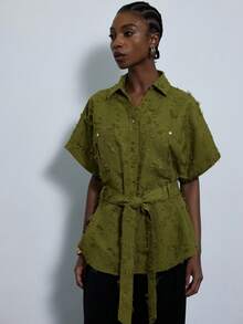 Aveloria Modichic Tissu jacquard à franges, décoration de poche, chemise ample avec col à cordon de serrage à la taille et boutons - Vert - Voir 3