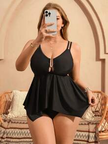 Swim Lushoire Plus Size Women's V-Neck Black Metal Decor Ruffle Trim Fashionable Beach Resort Swimwear Set, Spring/Summer - Black - View 1