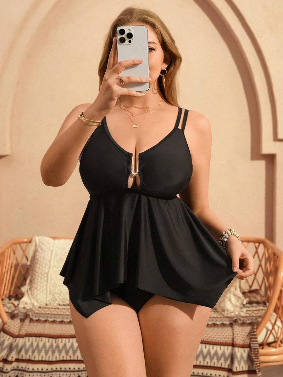 Swim Lushoire Plus Size Women's V-Neck Black Metal Decor Ruffle Trim Fashionable Beach Resort Swimwear Set, Spring/Summer - Black - View 1